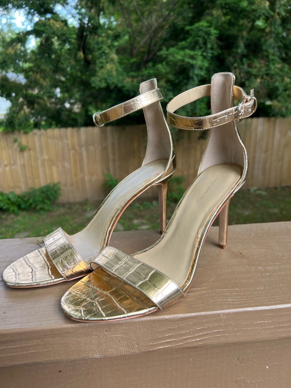 Ann Taylor Metallic Gold Croc-Embossed Ankle-Strap Stiletto Heels